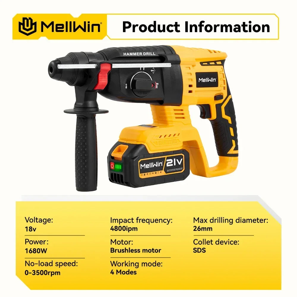 MELLWIN 26MM Brushless Electric Hammer Drill 1680W