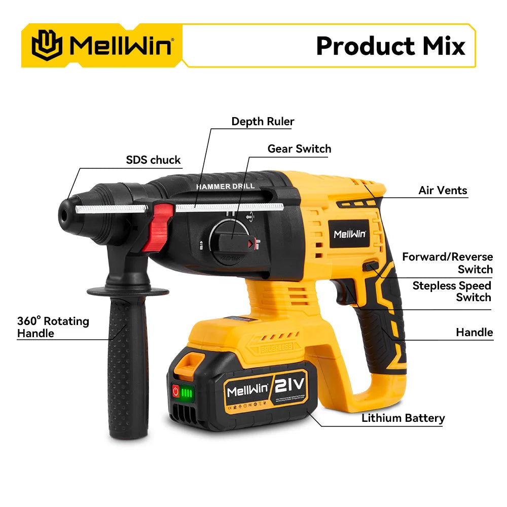 MELLWIN 26MM Brushless Electric Hammer Drill 1680W